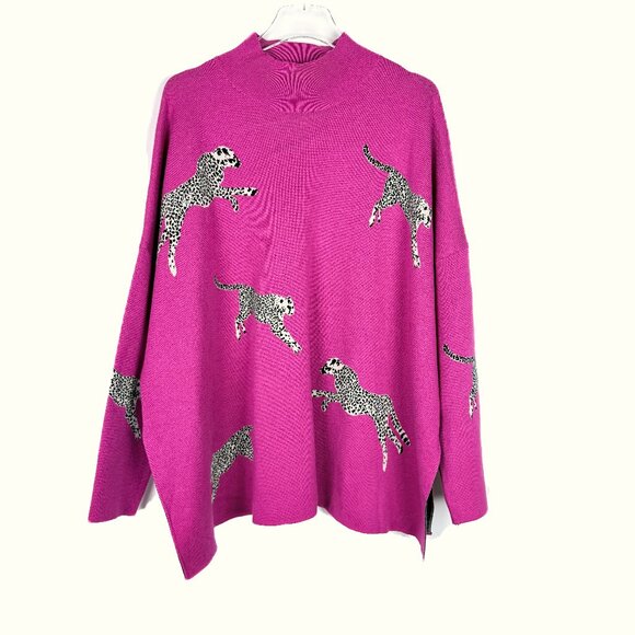 NWT Entro Primal Print Mock Neck Sweater Chunky Hot Pink Size Large L NEW - Picture 2 of 12